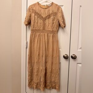 Polagram Beige Embroidered Midi Dress